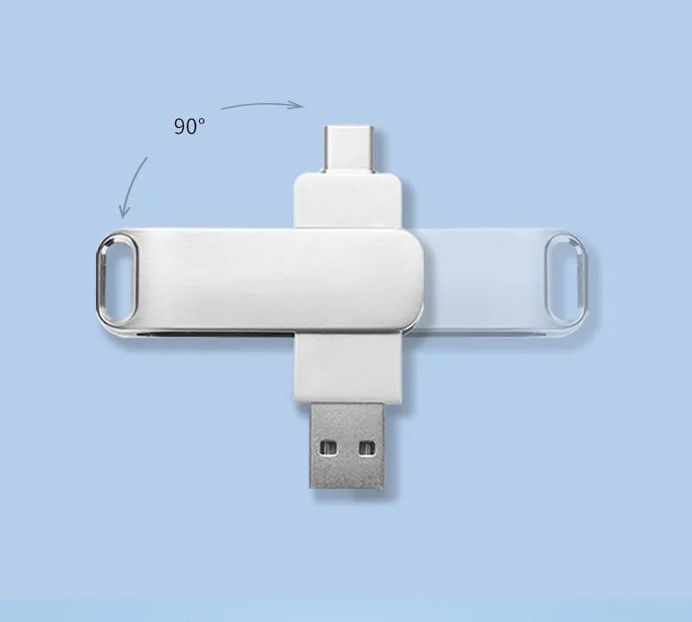Rotating metal USB flash drive showing USB and USB-C connectors with black finish and protective iron box packaging