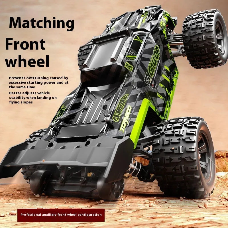 Brushless remote control car in green or red with four-wheel drive, metal drive shaft and metal differential.