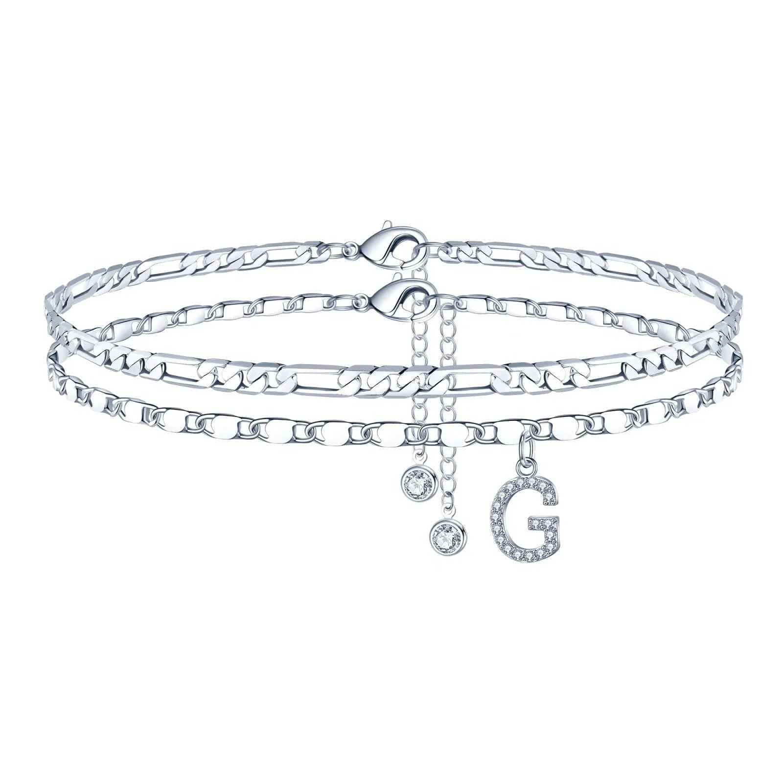 Silver-coloured double-circle bead copper anklet showing alphabet letter modelling on ankle.