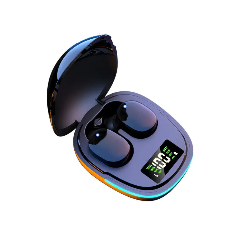 Black true wireless Bluetooth in-ear headphones and charging case with digital display.