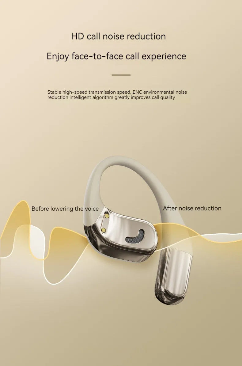 Open wireless Bluetooth headset with silicone ear-hook in black, featuring noise reduction and low latency for gaming