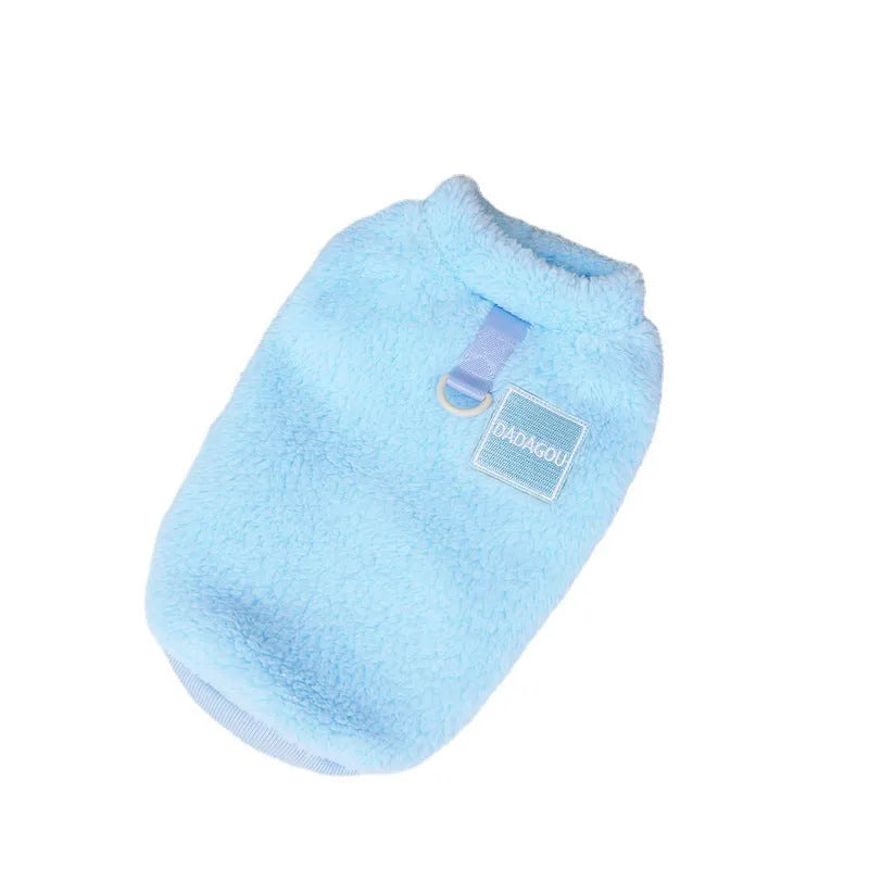 A blue coral fleece jacket for a dog or cat with a pull ring fastening, shown in size M.