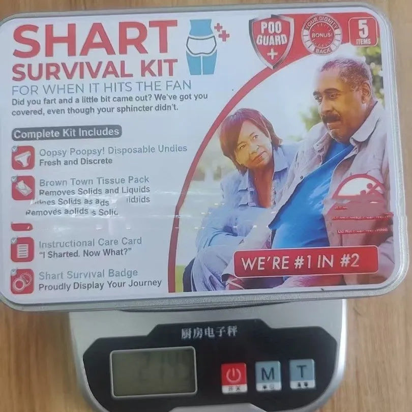 Poop survival kit gift set in aircraft box with wet wipes, dry wipes, and disposable underwear