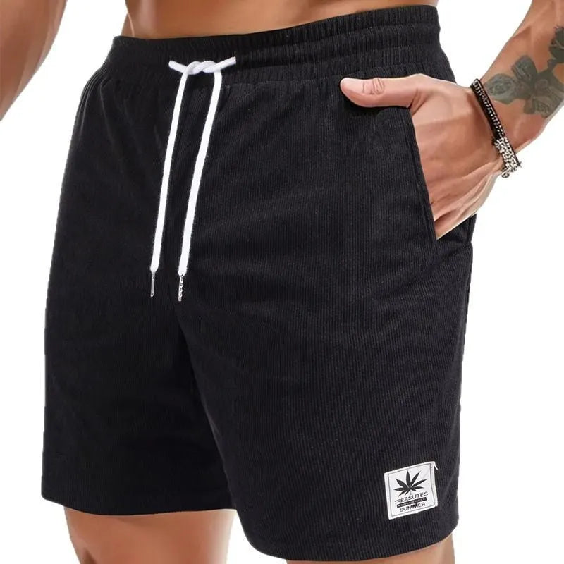 Men's grey drawstring summer shorts with elastic fabric on a mannequin