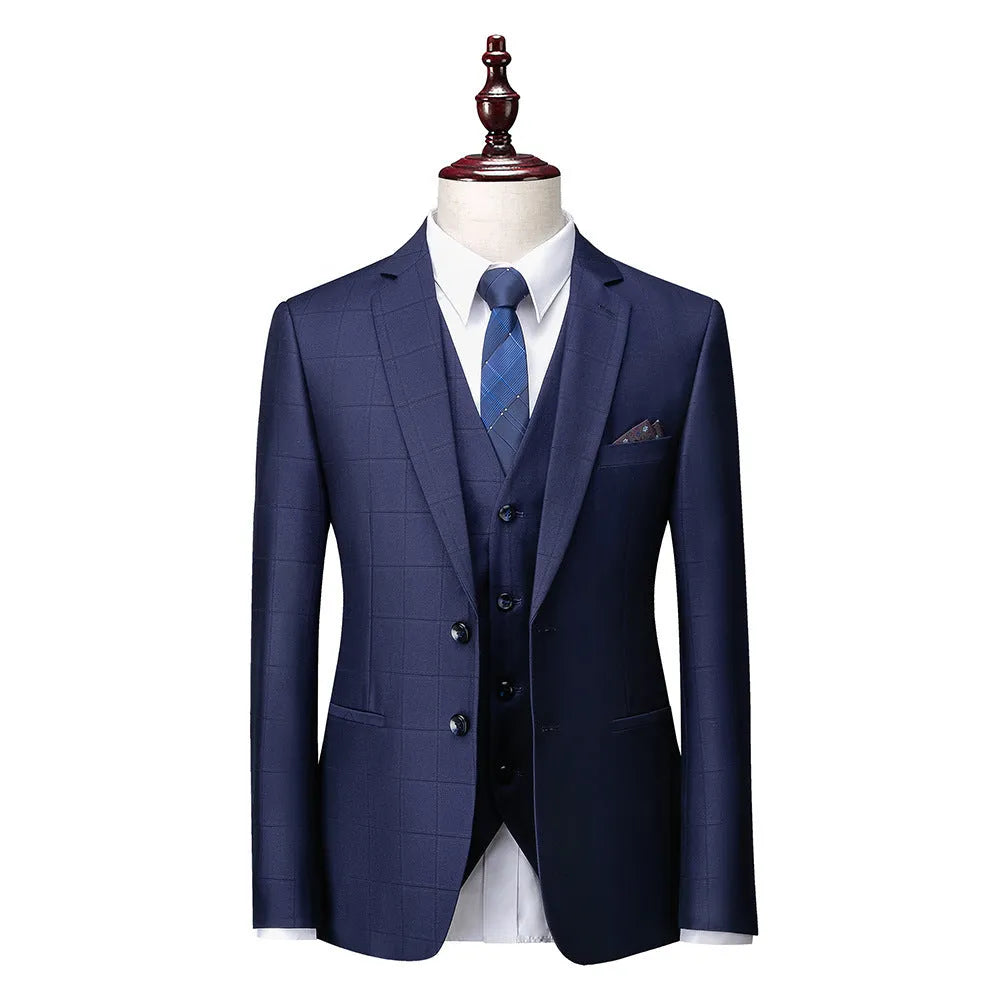 Men's navy blue plaid slim fit three-piece suit with jacket, trousers and waistcoat