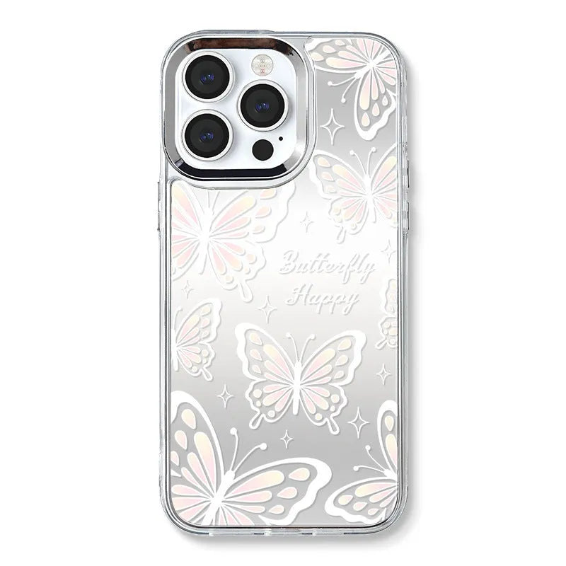 Transparent three-in-one mirror iPhone case with bow decoration and detachable bracelet accessory