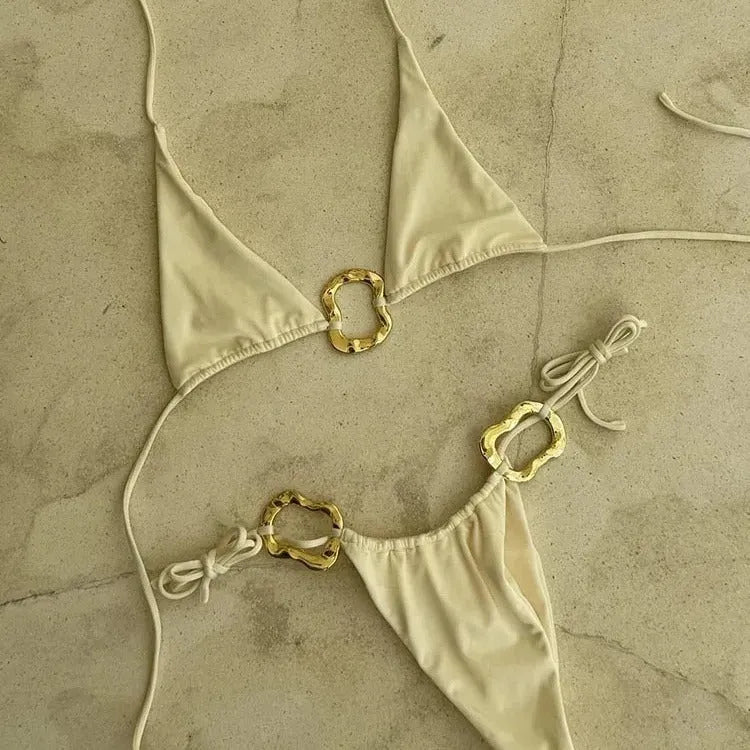 Women's lace-up printing halter bikini set with low waist briefs in polyester fibre
