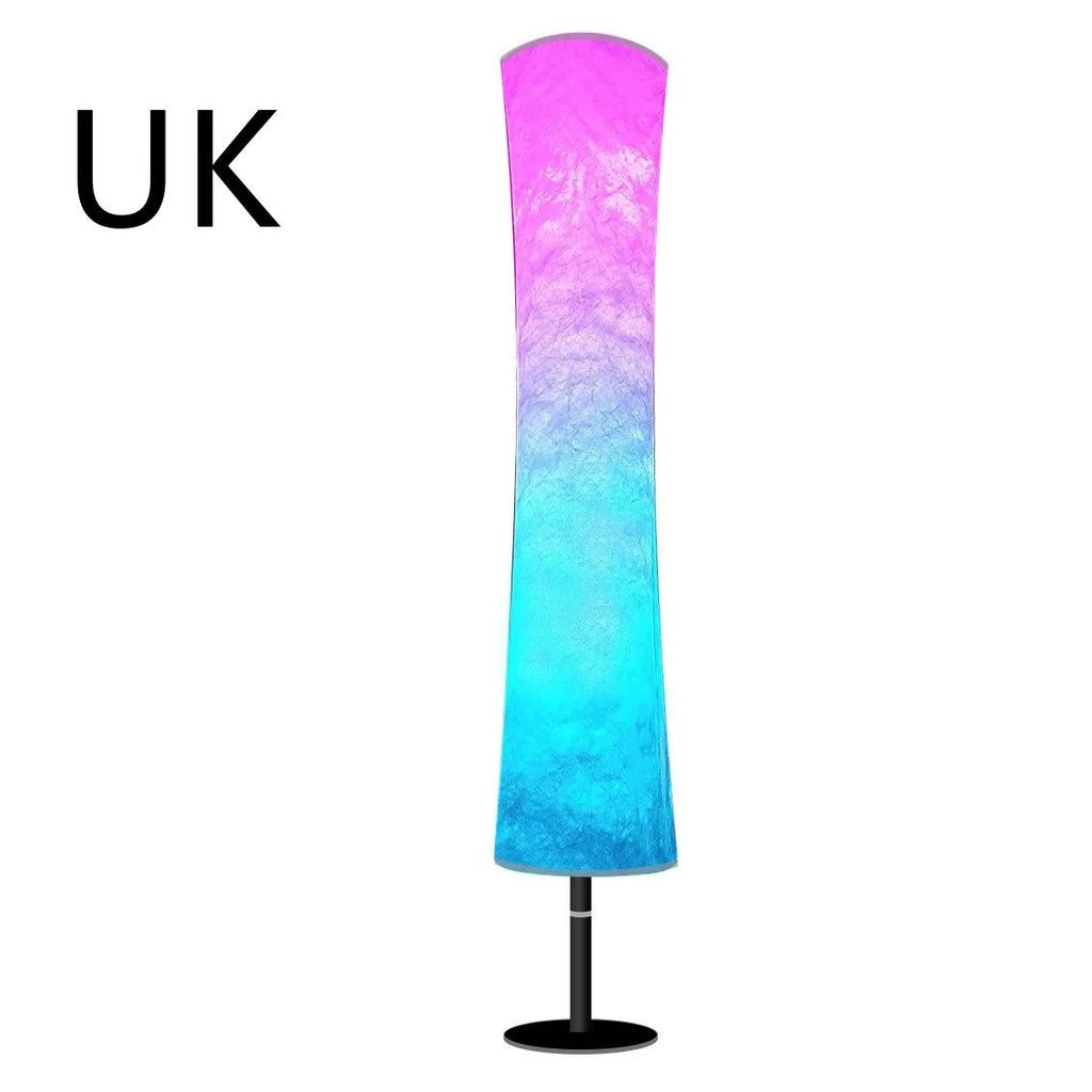 RGB fabric circular atmosphere floor lamp with remote control and 90 LED beads in a living room setting