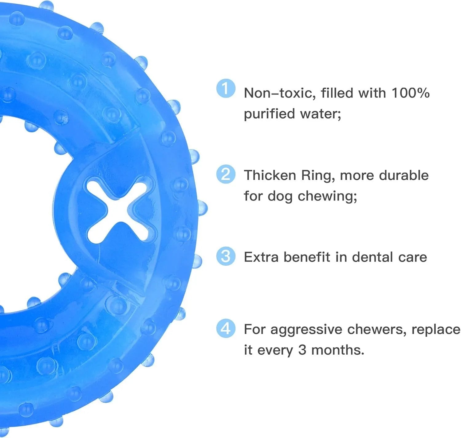 Freezable non-toxic dog cooling chew toy in bone and circle shapes.