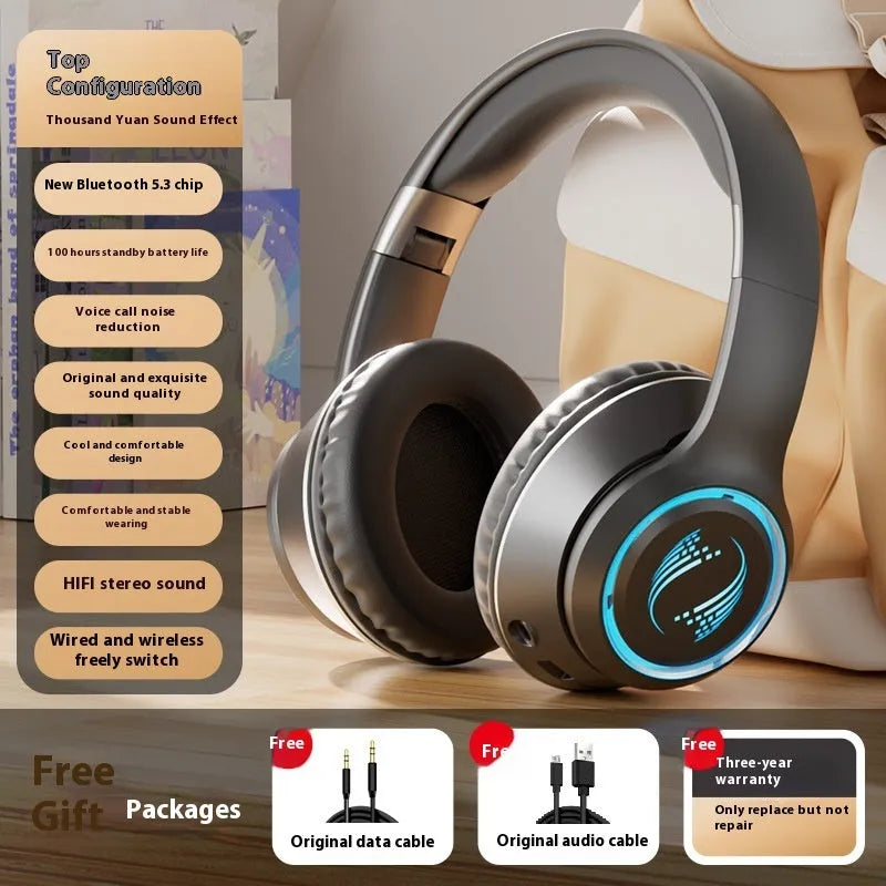 Wireless Bluetooth headset with subwoofer, noise reduction, breathing light, silicone head-mounted, available in multiple colours