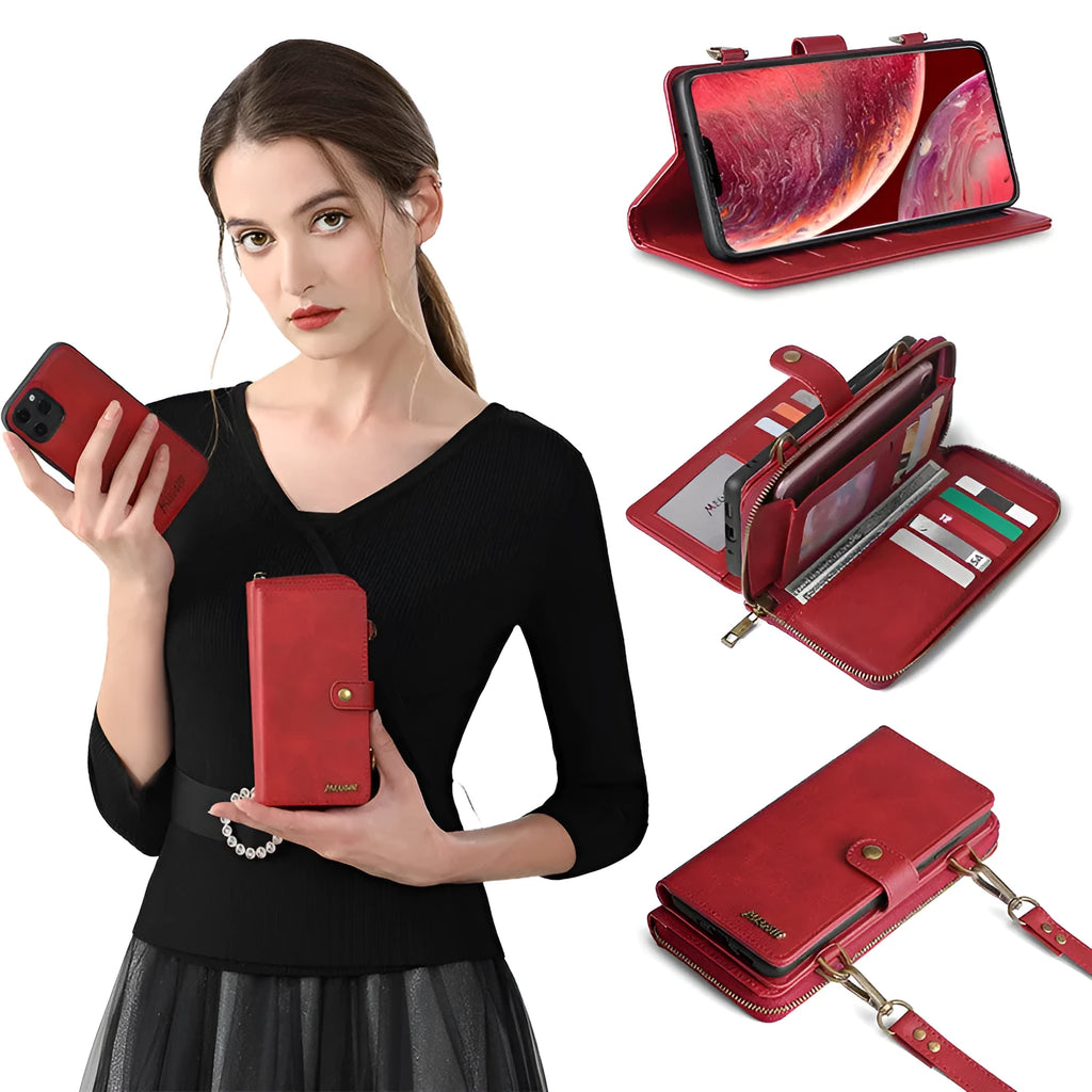 Detachable wallet backpack phone case with leather flip cover in black, blue, brown, or red.