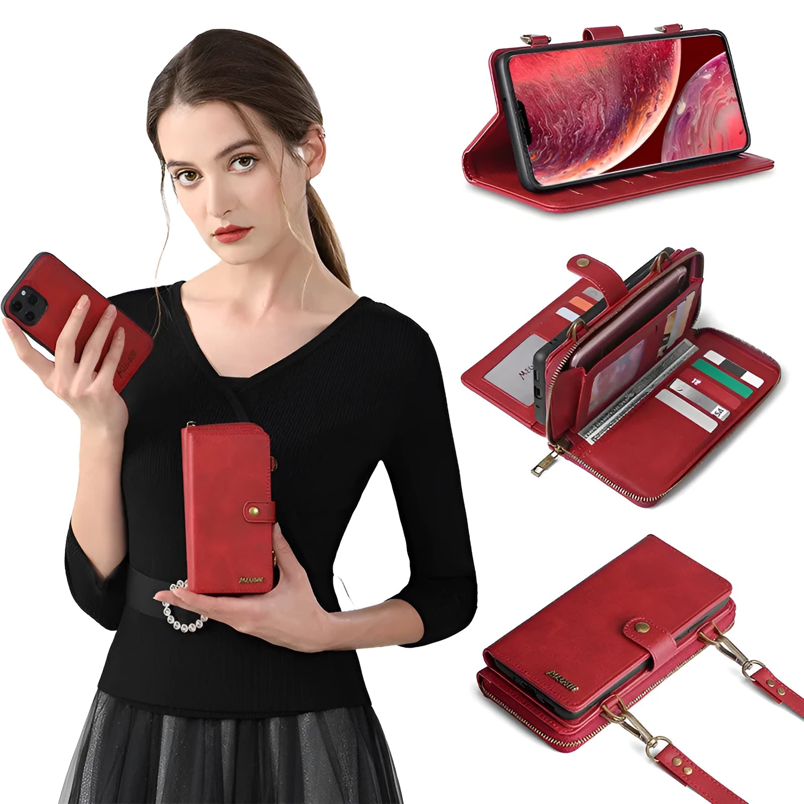 Detachable wallet backpack phone case with leather flip cover in black, blue, brown, or red.