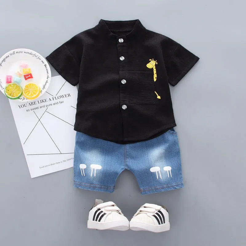 Baby boy cotton short sleeve shirt and shorts set with giraffe cartoon print in white, black, pink for 80-110cm children