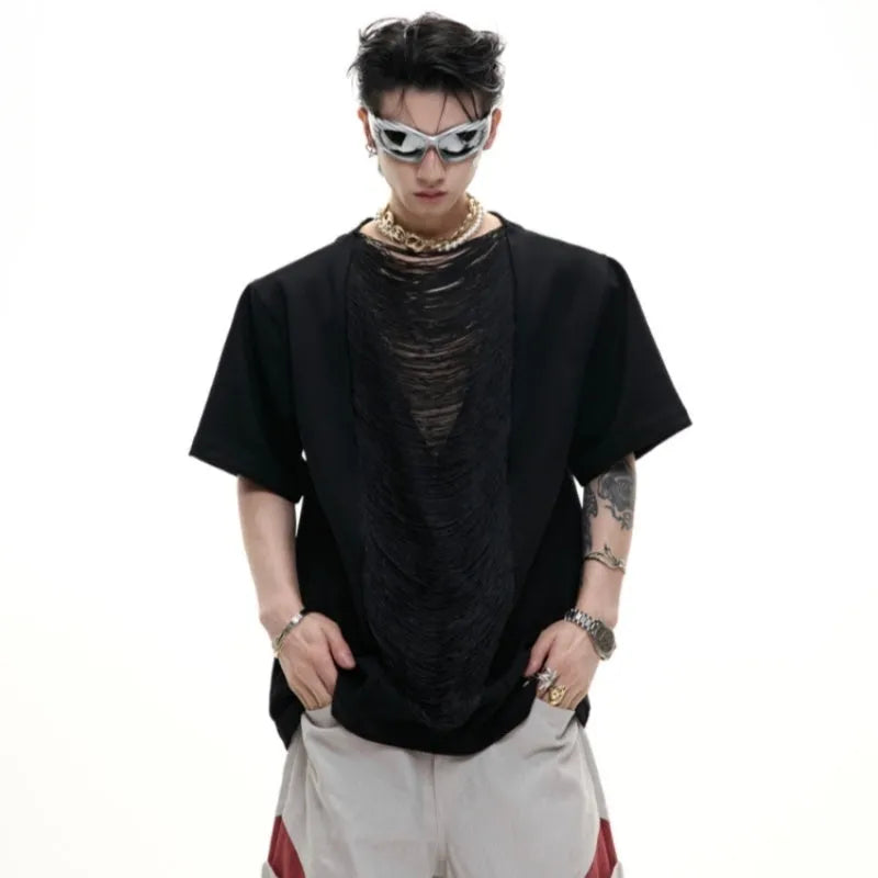 Men's black V-neck T-shirt with hollow out pattern and tassel detail