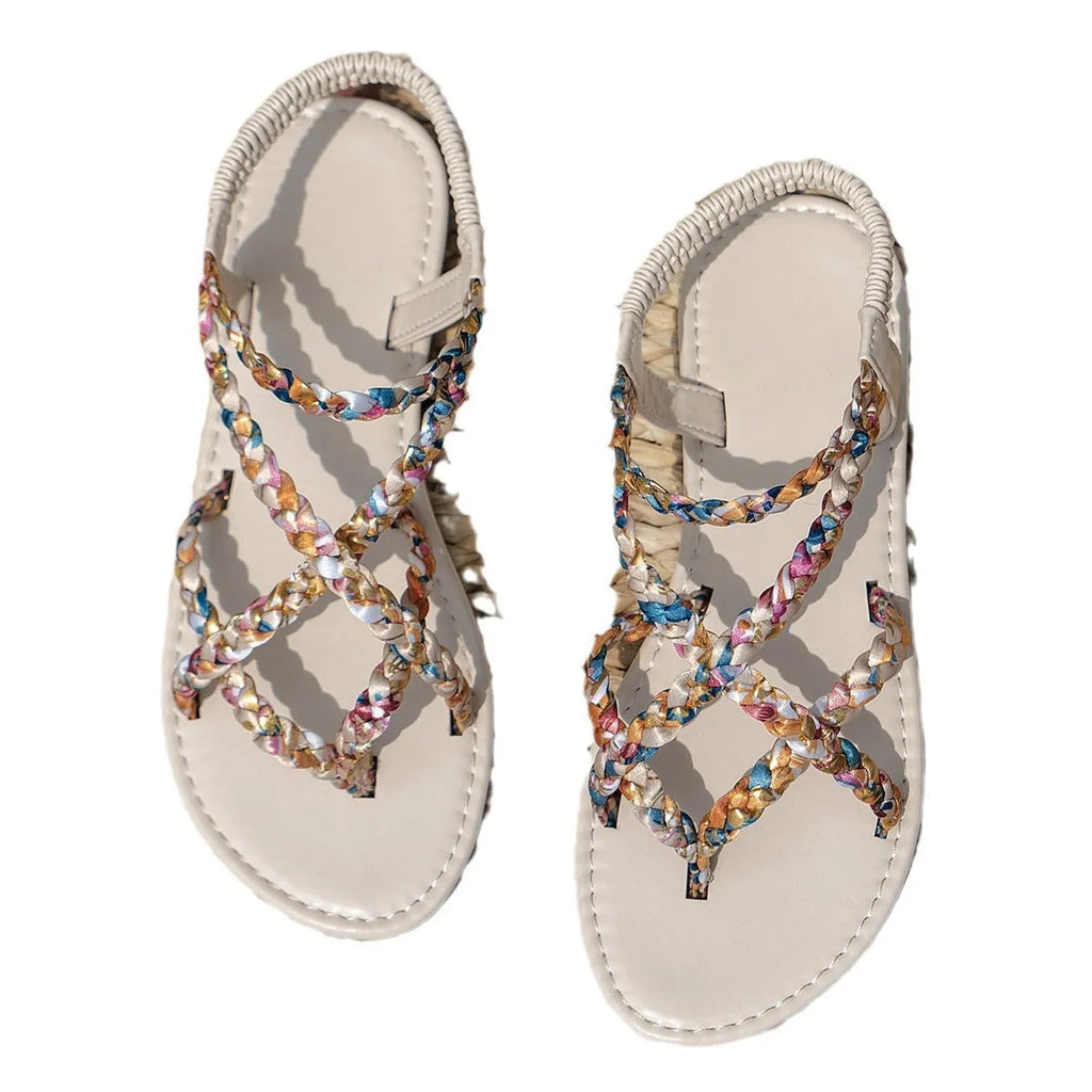 European style flat sandals with elastic band and round toe in black or white colours