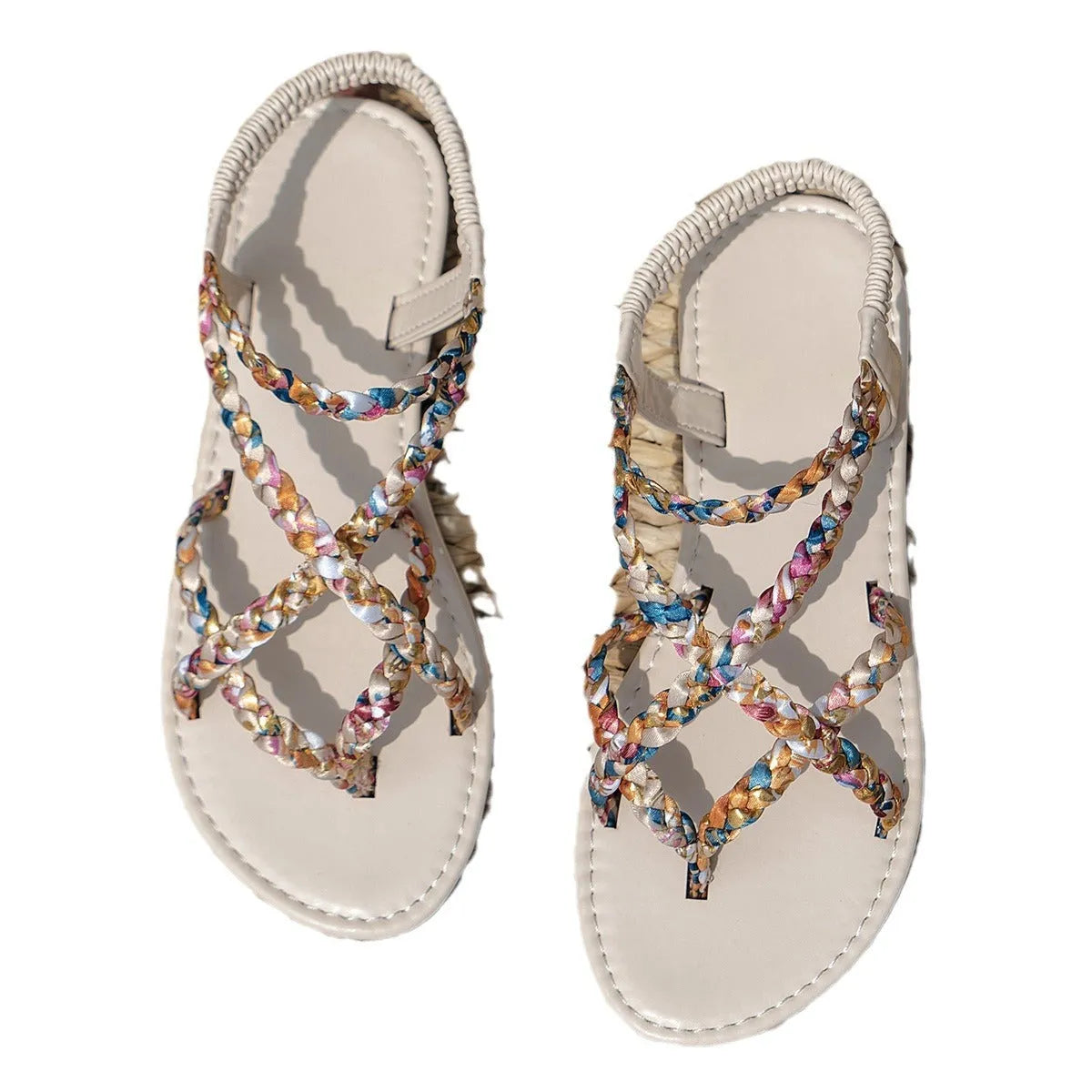European style flat sandals with elastic band and round toe in black or white colours
