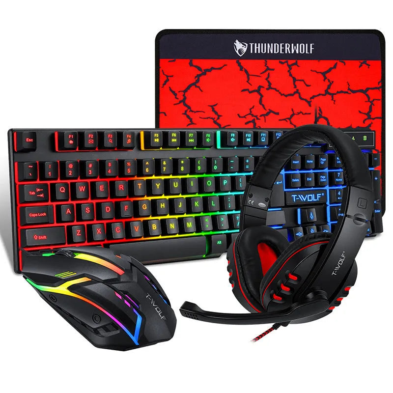 Thunder Wolf wired USB gaming bundle with keyboard, mouse, headset and mouse pad set