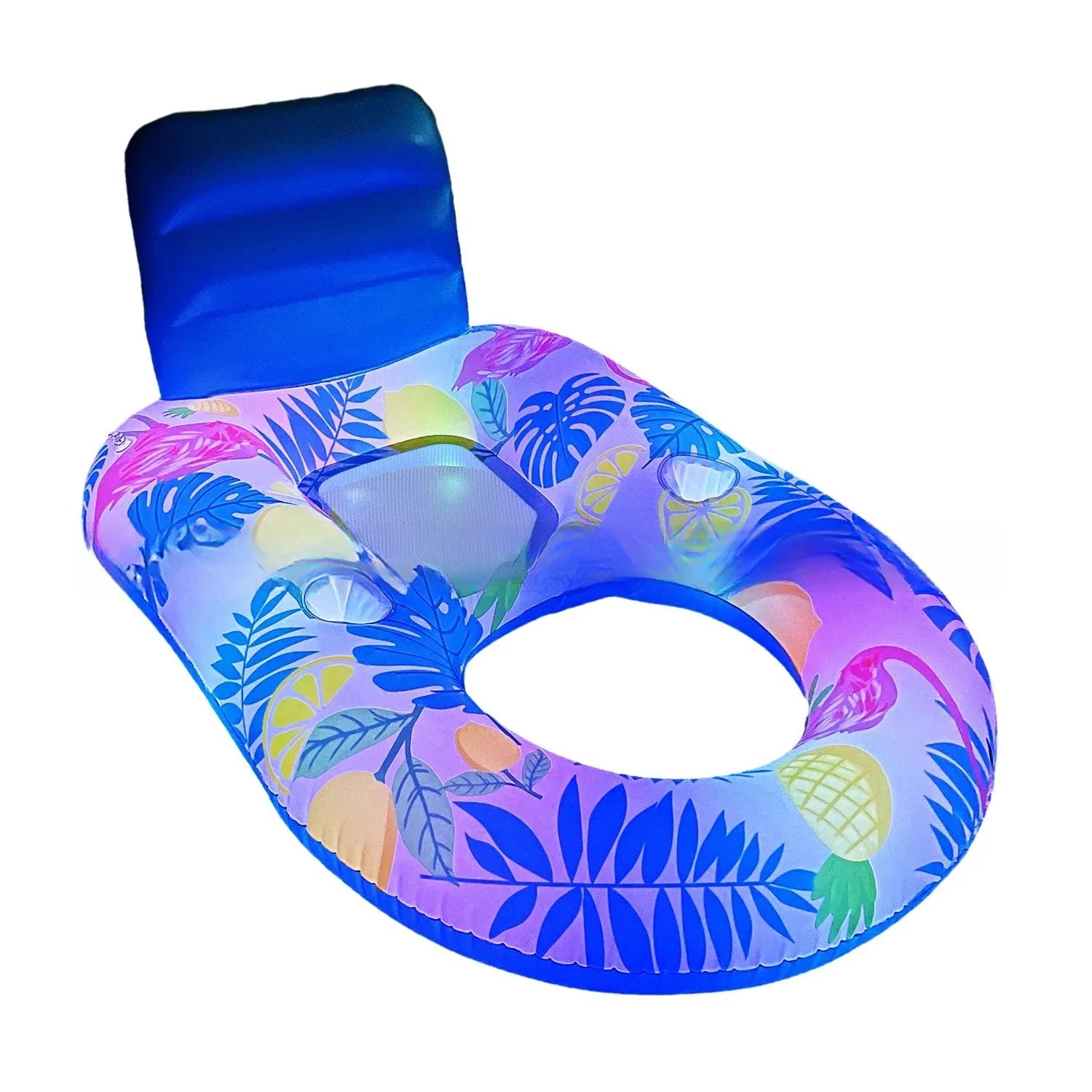 White luminous inflatable pool floating bed with backrest recliner on blue water