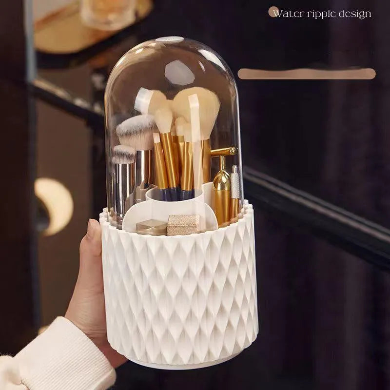 White transparent rotating makeup brush storage box with lid and split compartments