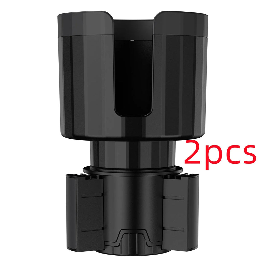 Matte black adjustable car cup holder expander for large bottles installed in a centre console.