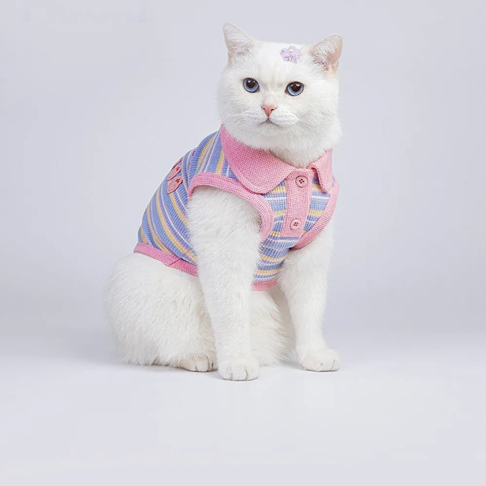 Pink purple dog vest for small breeds with buckle fastening, shown in size range from XXS to XXL.
