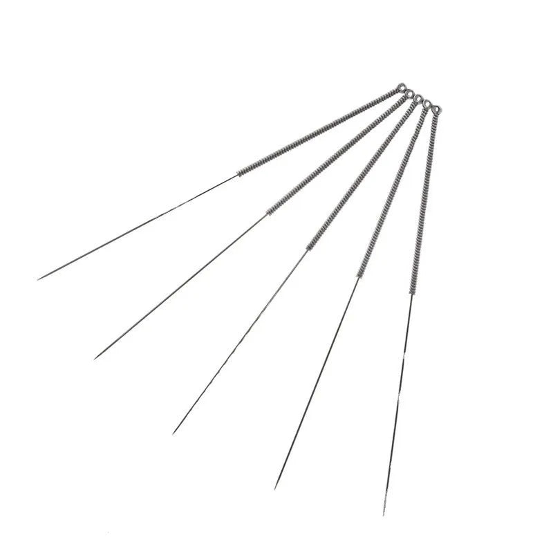 Set of ten metal cleaning needles for unclogging Mk8 and E3D 3D printer nozzles, showing different diameters.