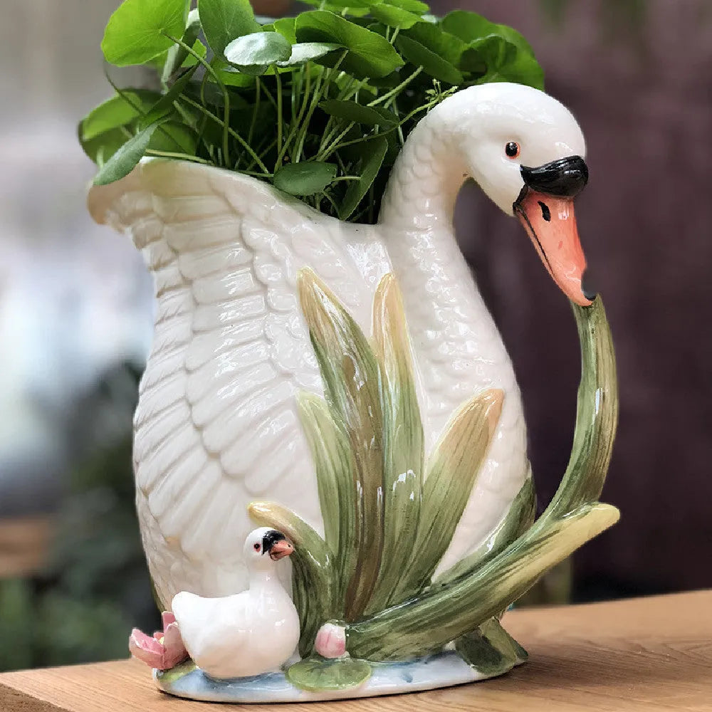 Ceramic vase with embossed swan design in pastoral style, dimensions 24.1x15.2x20cm, picture colour