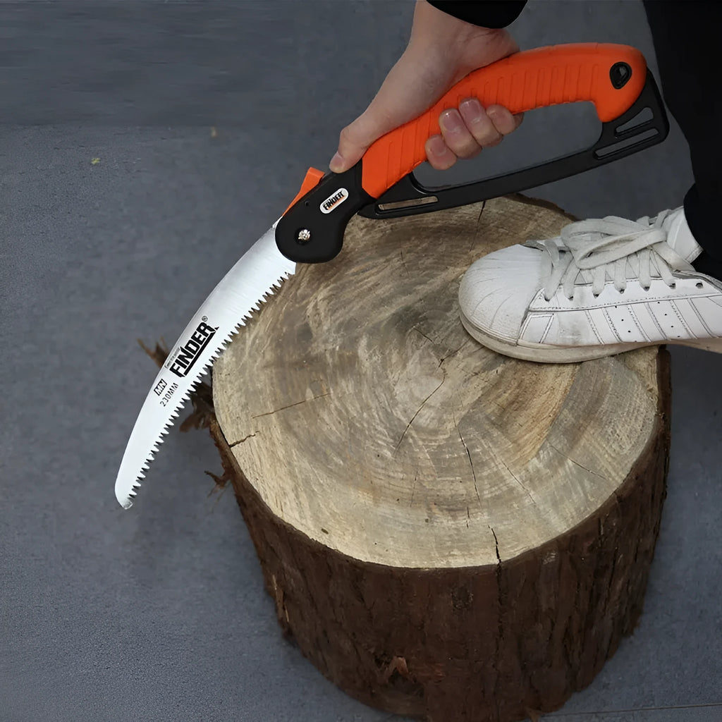 A closed and open view of a folding hand saw with a black TPR grip and a silver 65MN steel blade.