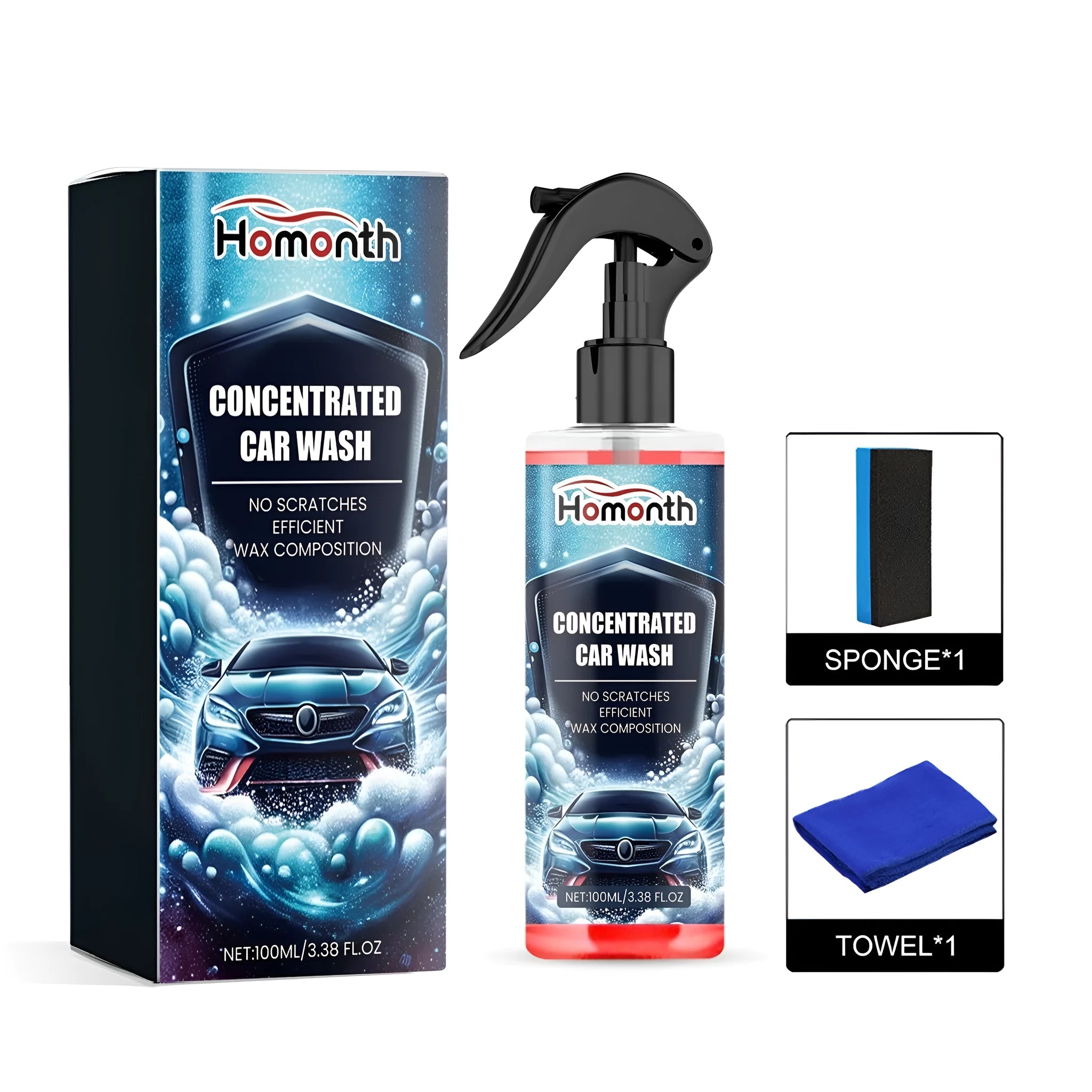 100ml waterless car cleaner bottle with blue sponge and grey microfibre cloth for exterior cleaning.