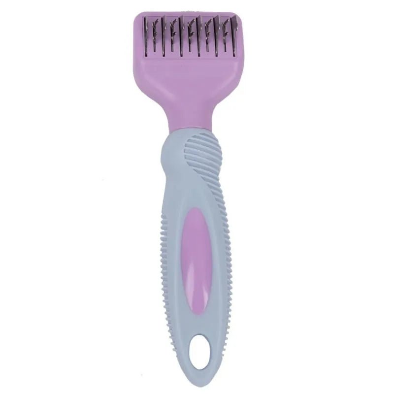 Stainless steel pet grooming comb with rubber massage tips in pink or purple colour