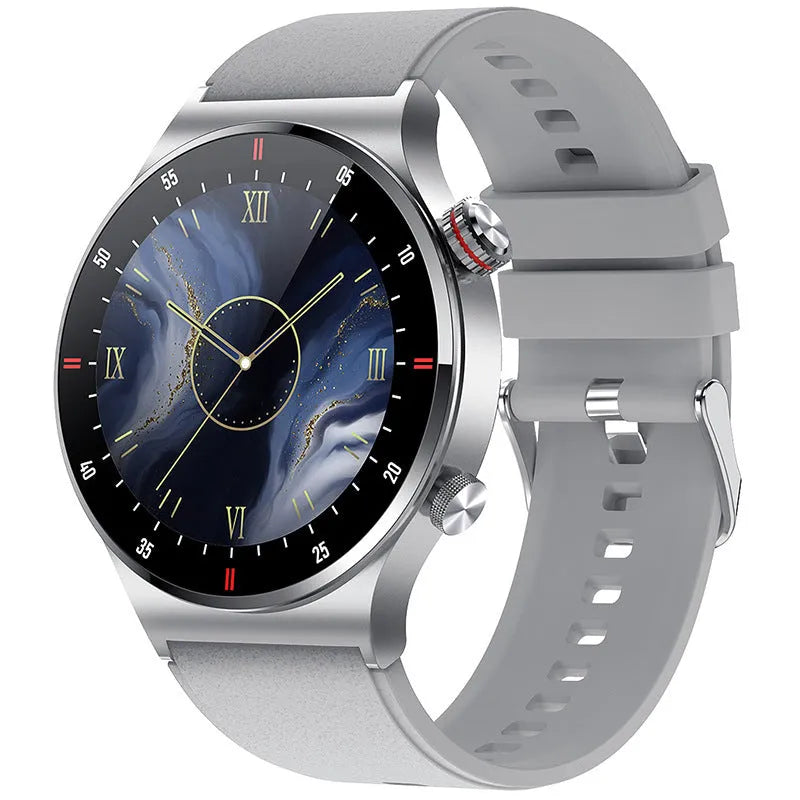 QW33 smart watch with black steel belt showing heart rate monitoring on 1.3-inch screen