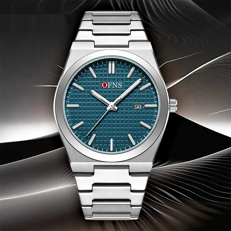 Calendar fashion casual men's quartz watch with zinc alloy case and steel belt
