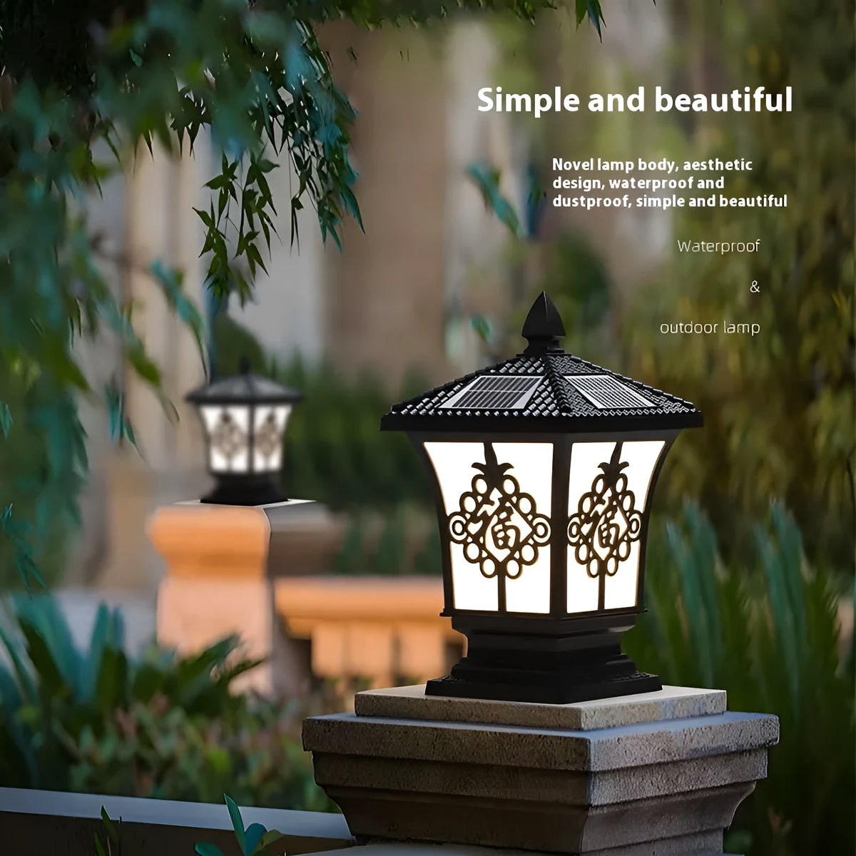 Black small size solar pillar lamp with flower shape, IP65 outdoor protection, 12W, 24V, and pointed flower overall size in mm.