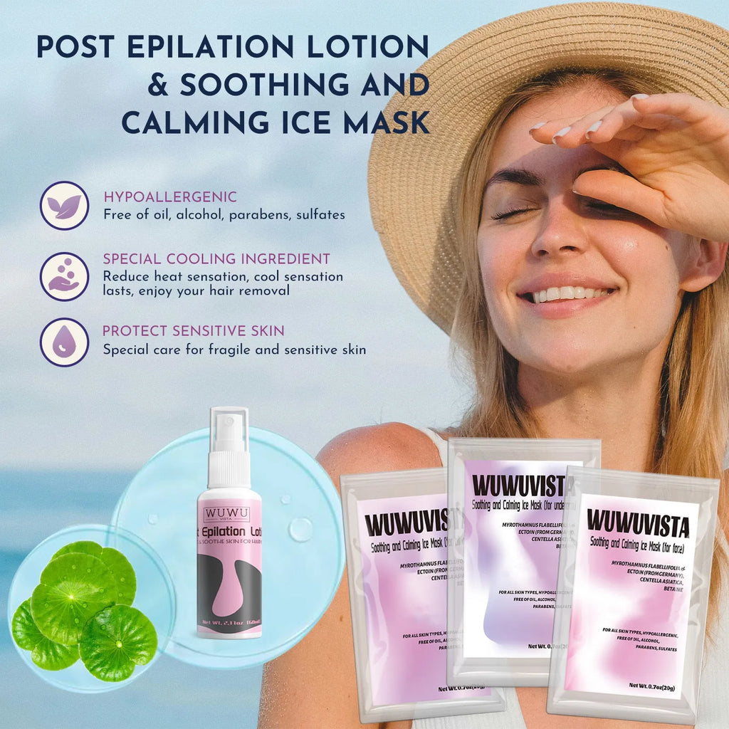 Black and pink hard wax kit with warmer, wax beans, sticks, lotion, and ice masks for body hair removal.