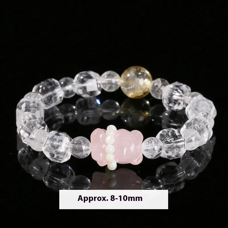 Women's crystal bracelet with cat head pendant and natural star light pink geometric beads