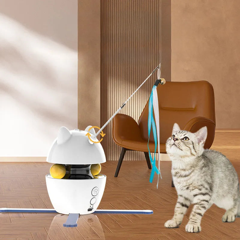 White automatic interactive cat toy stick with elastic rope extended, on a plain background.
