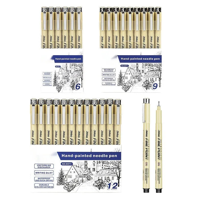 Black waterproof needle pen with plastic body for drawing and writing, showing 133mm length.