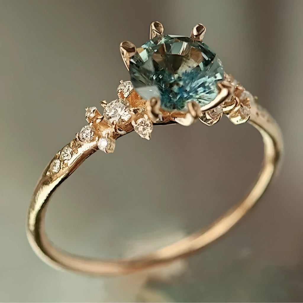 Gold plated geometric claw ring with square pattern and inlaid zircon stone.