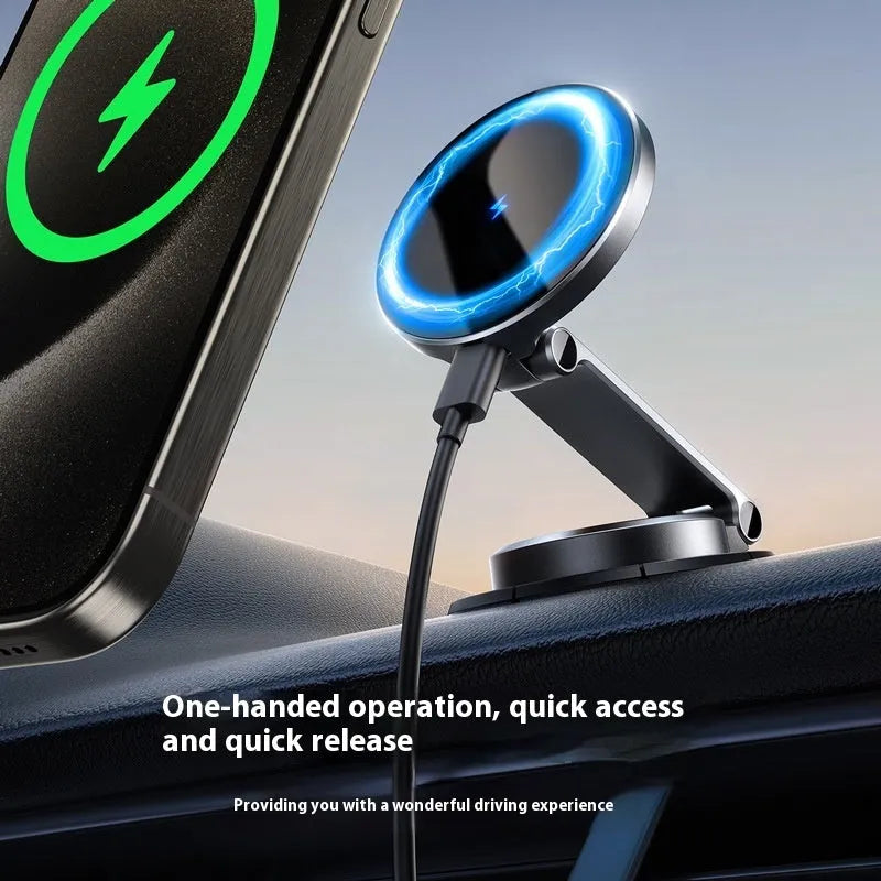 Black zinc alloy wireless charging car phone mount attached to a windscreen