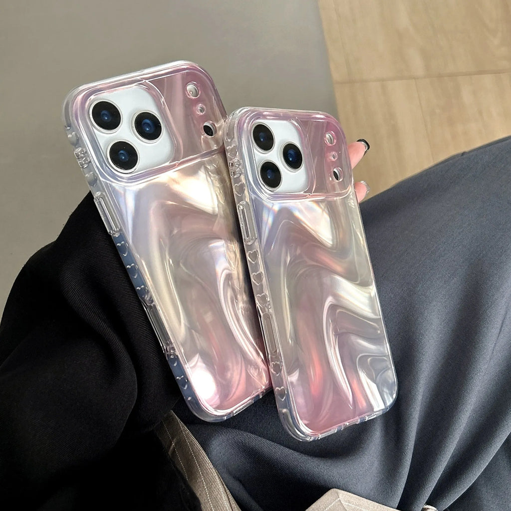 Double shell iPhone case in IMD silver pink satin pattern with water ripple smudge design