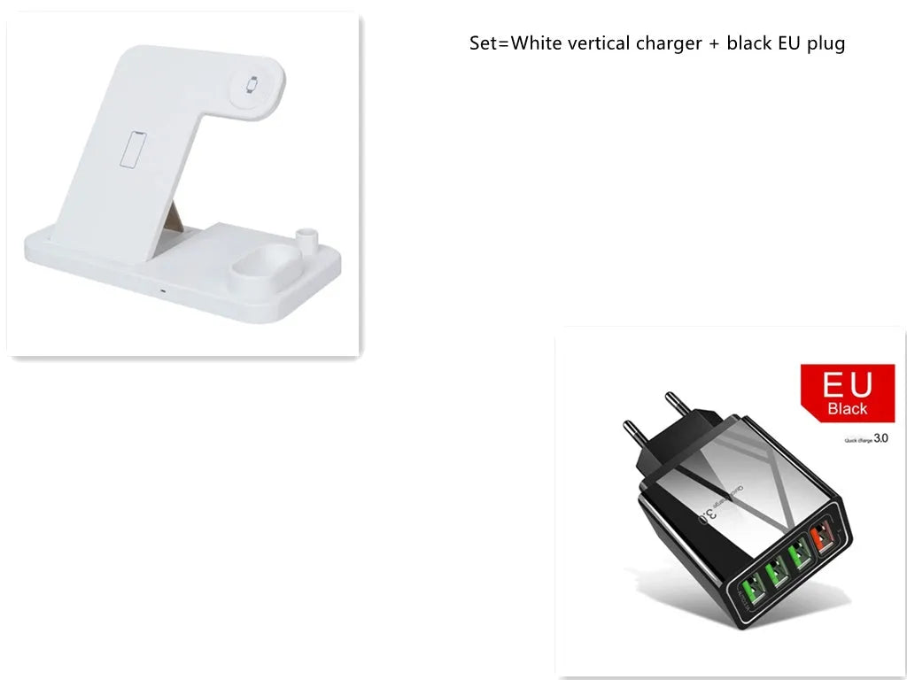 A white 4-in-1 wireless charger folded flat, showing charging pads for phone, Apple Watch, AirPods, and Apple Pencil.
