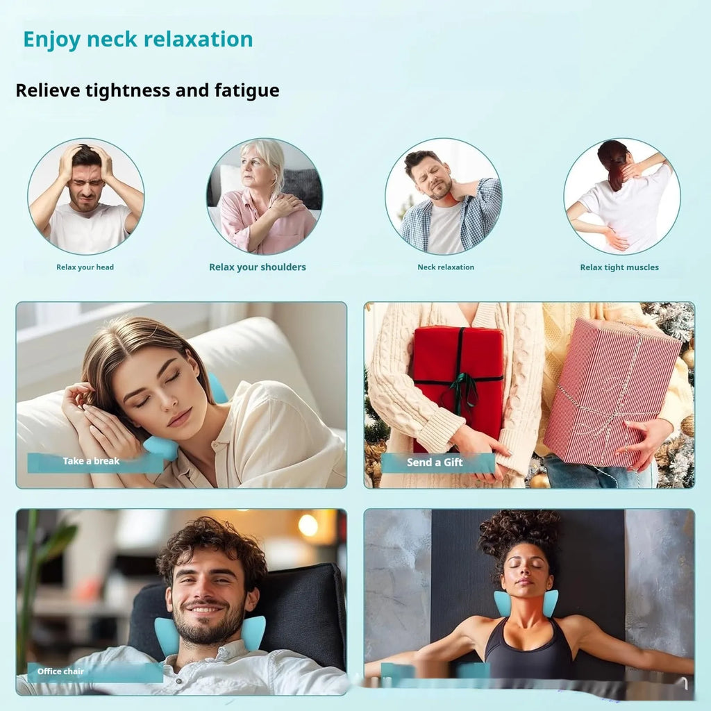 Blue PU leather cervical traction pillow with infrared and red light therapy for neck relief