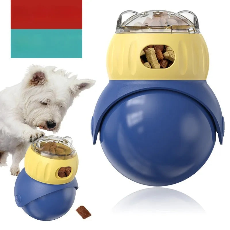 Morandi yellow and blue owl-shaped plastic puzzle feeder for cats on a wooden floor.