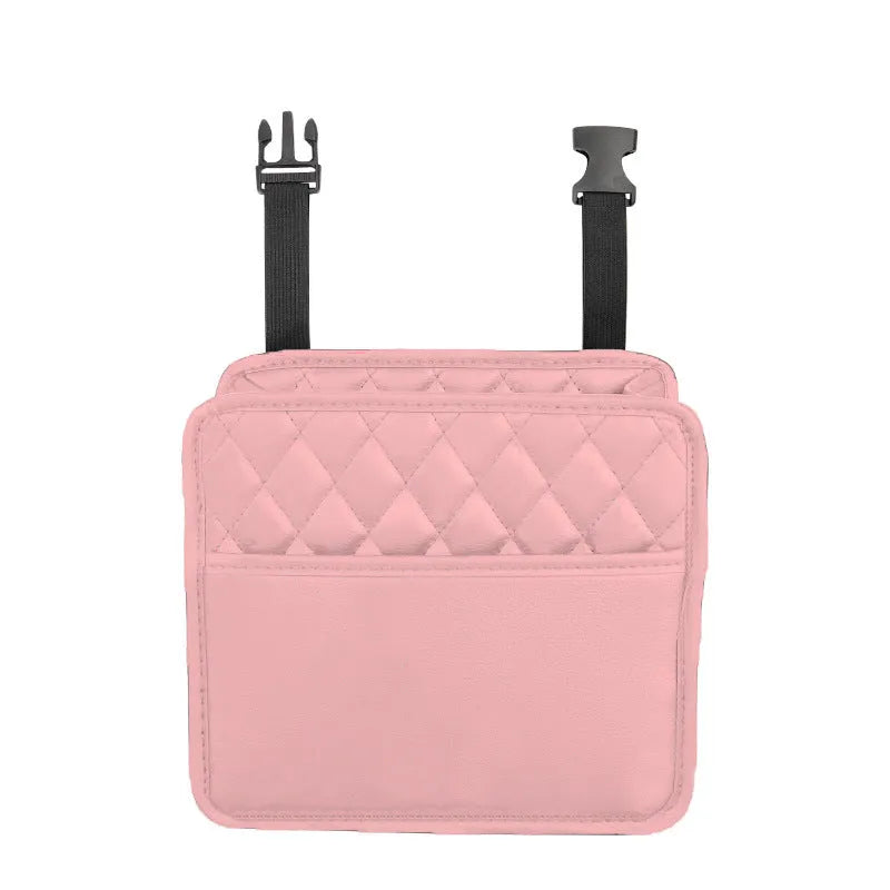 Black leather hanging storage bag for car interior, shown with dimensions