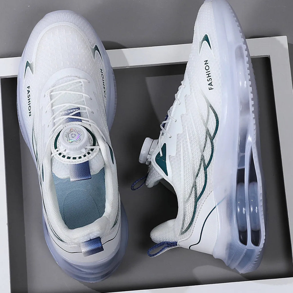 Men's white low-top lace-up casual running shoes with mesh upper and round toe.