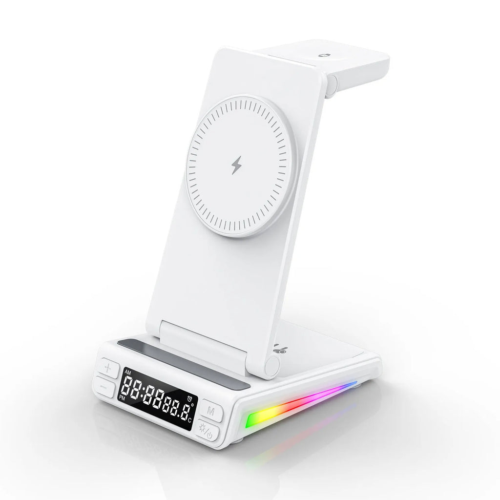 Desktop vertical five-in-one folding wireless charger in white with digital display