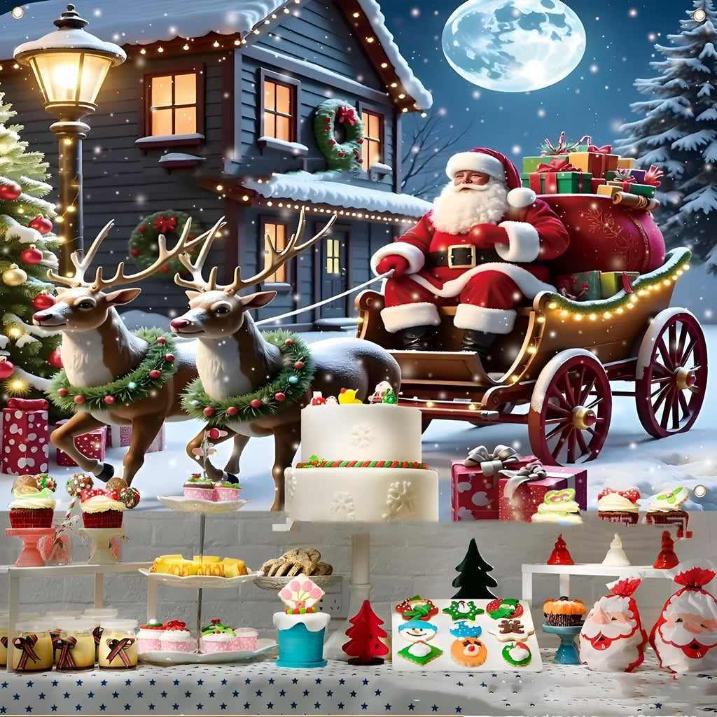 Large red Christmas banner with Santa Claus and gifts, dimensions 210cm by 150cm.