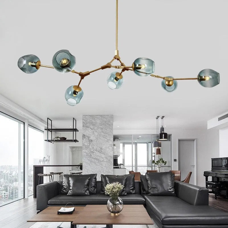 Black blue branch type ceiling lamp with glass shades and iron frame, 10 heads, Nordic style for dining room