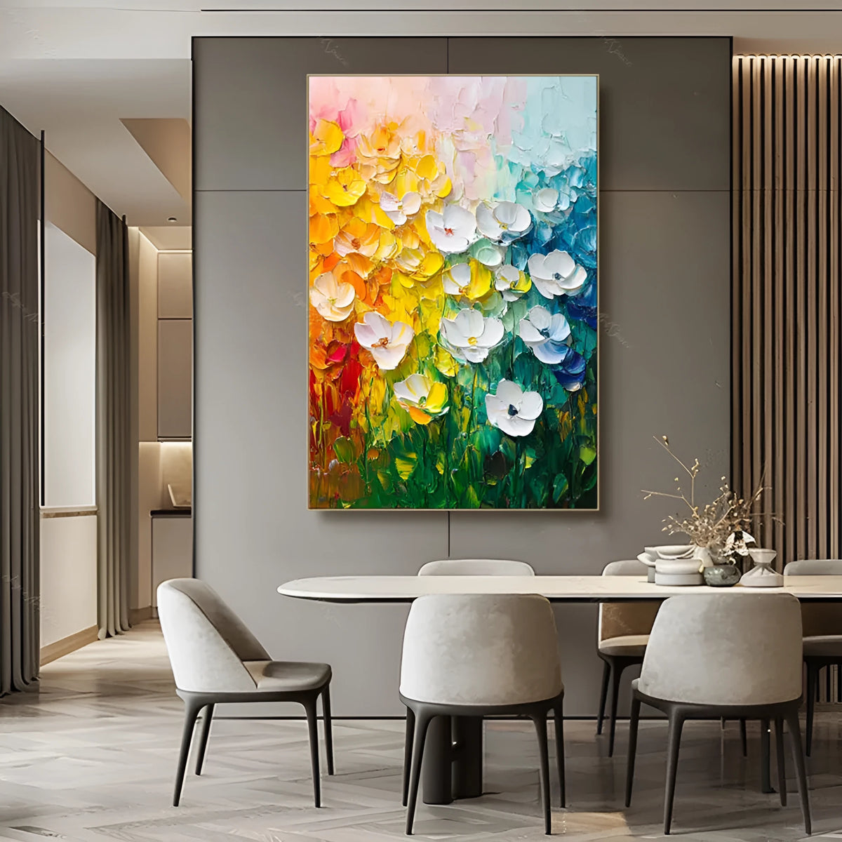 Handmade oil painting on canvas with thick oil texture, vertical modern abstract flower design, rolled and unframed.
