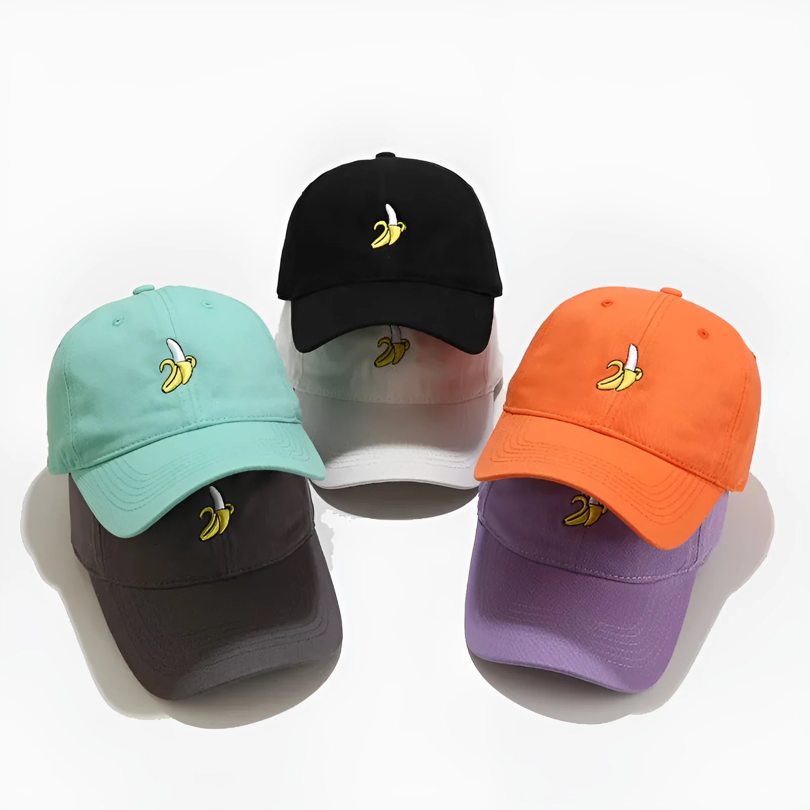 Soft top curved baseball cap with fruit banana embroidery in adjustable polyester construction